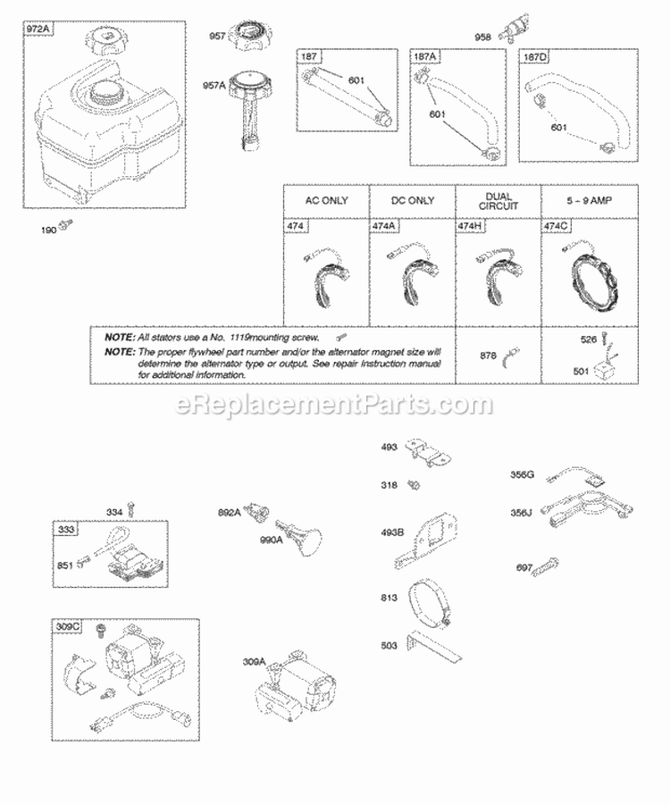 Alternator Electric Starter Fuel Supply Ignition Diagram and Parts List for 20G412-0100-E1  Briggs and Stratton Engine
